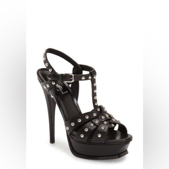 Yves Saint Laurent Black Leather Classic Tribute Studded T-strap Platform Sandal - Picture 1 of 16